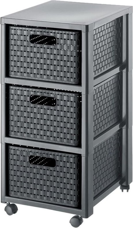 Thumbnail - Country-Rollcontainer mit 3 Schubladen in Rattanoptik de, BPA-freier Kunststoff (pp), anthrazit, 3 x A4/18l (37,5 x 32,5...