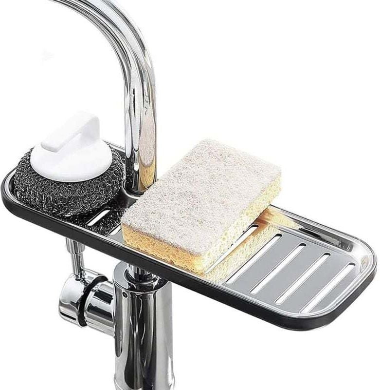 Support de Rangement Antidérapant de Robinet de Cuisine en Acier Inoxydable pour Savon/éponges, Organisateur D'évier