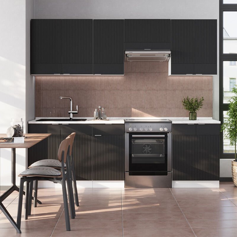 Küchenzeile Fame-Line, Schwarz gestreift/Weiß, 240 cm , AP Anthrazit, Vicco