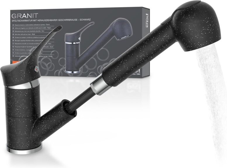 Granit Spültischarmatur, Granit Schwarz/Chrom, mit herausziehbarer Geschirrbrause