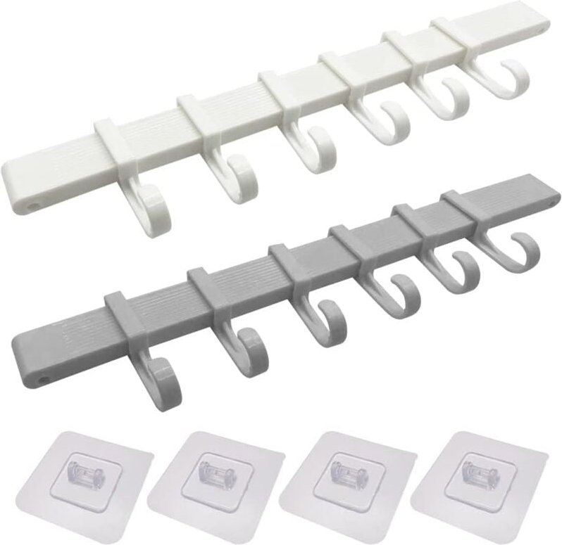 Jusch - 2er-Pack Wandhalter für Küchenutensilien, ohne Bohren, Wandmontage, Klebehaken mit 6 verschiebbaren Haken