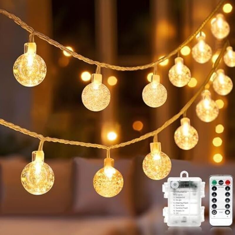 LED Lichterkette Warmweiß 5m 50LED Kristall Kugeln Batterie mit Fernbedienung 8 Modi Wasserdicht Außen Innen Weihnachten...