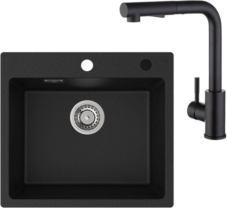 Cecipa Max - Spülbecken mit 1 Becken 50×45CM Granitspüle Anthrazitschwarz + Küchenarmatur mit 2 Strahlarten Schwarz ausz...