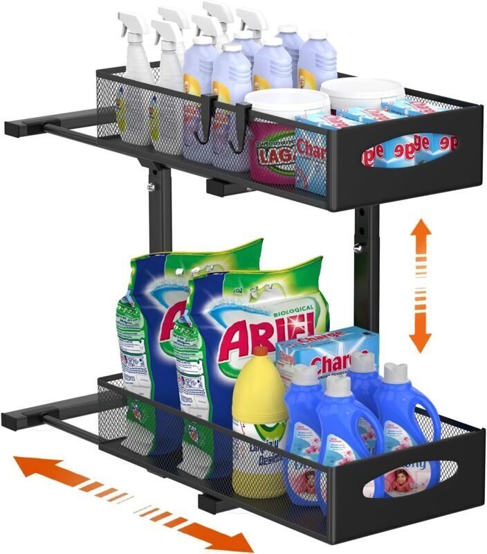 Metall-Unterspülbecken-Aufbewahrung, 2-stufiges, ausziehbares Küchen-Unterspülbeckenregal mit verstellbarer Höhe, Unters...