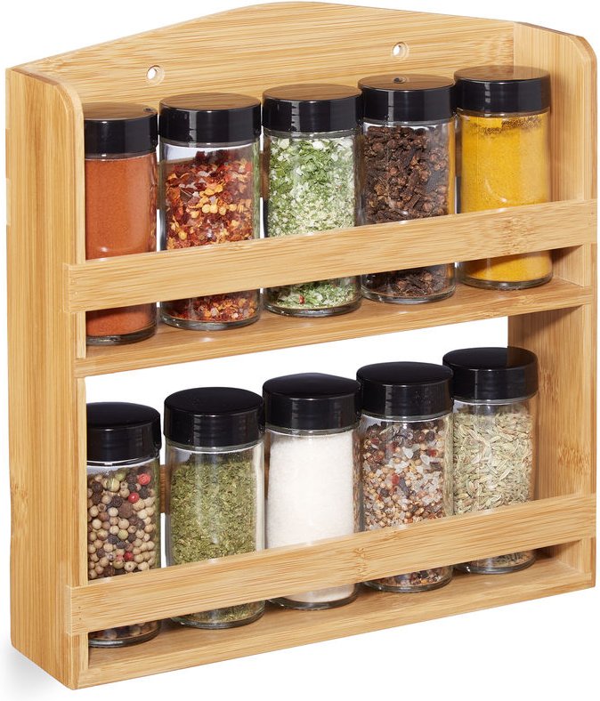 Relaxdays - Gewürzregal, 10 Gewürzgläser, mit Streuaufsatz & Schraubverschluss, Stellen & Hängen, Bambus Würzregal, natu...