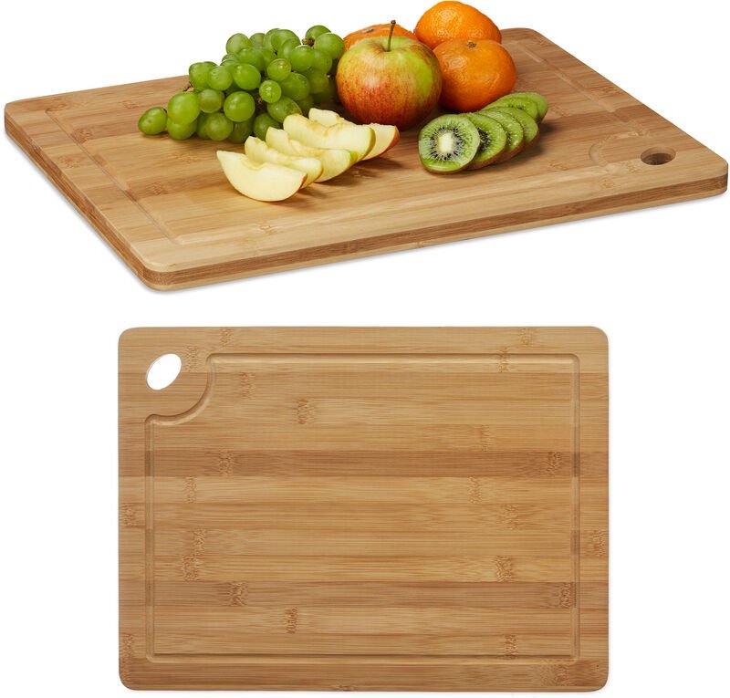 2 x Tranchierbrett Bambus, Schneidebrett, mit Saftrille & Griffloch, massiv, HxBxT: 2 x 40 x 30 cm, Holz, naturfarben