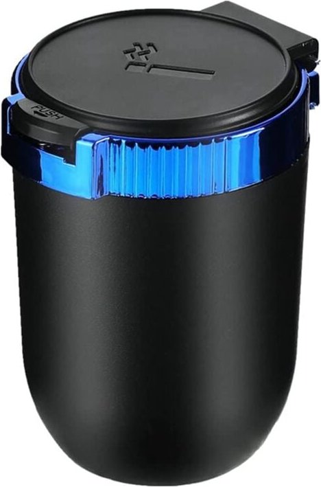 Auto-Aschenbecher mit Deckel, tragbarer Aschenbecher, blau, Mini-Mülleimer, LED-Licht, winddicht, für Reisen im Freien