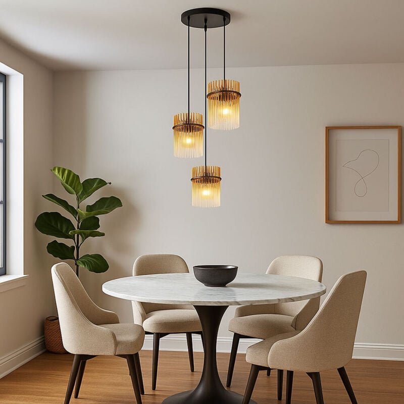 Pendelleuchte 3-Flammig Hängelampe amber Glasstäbe Esszimmerleuchte amber, Metall, 3x E27 Fassung, DxH 47x140 cm