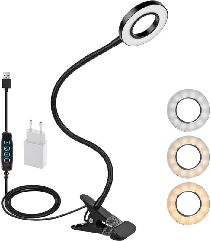 Ersandy - 360° flexible LED-Klemmlampe – 3 Modi und 10 Dimmstufen – für Kopfteil, Schlafzimmer, Büro – 12 w – mit CE-Ada...