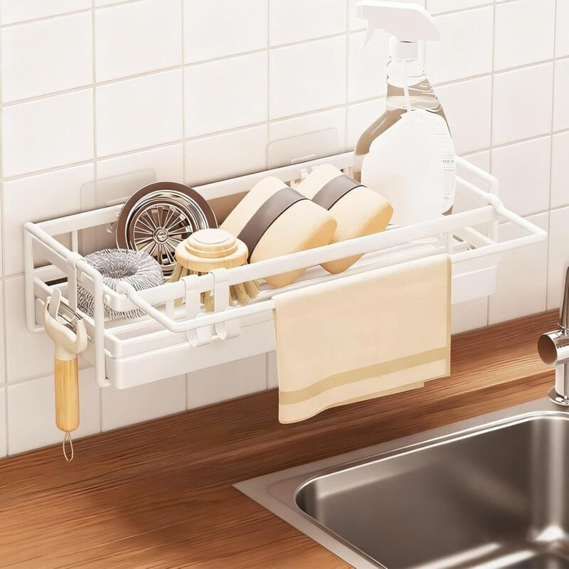 Spülbecken-Organizer mit Handtuchhalter, kein Bohren erforderlich, herausnehmbare Abtropfschale und Handtuchhalter, 2 Ha...