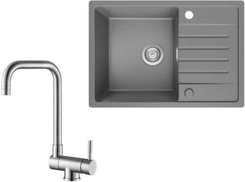 Küchenspüle 65x45cm Granitspüle Grau Mit Abtropffläche + Fenster-Küchenarmatur Gebürstete Küche Wasserhahn Hohe 355MM
