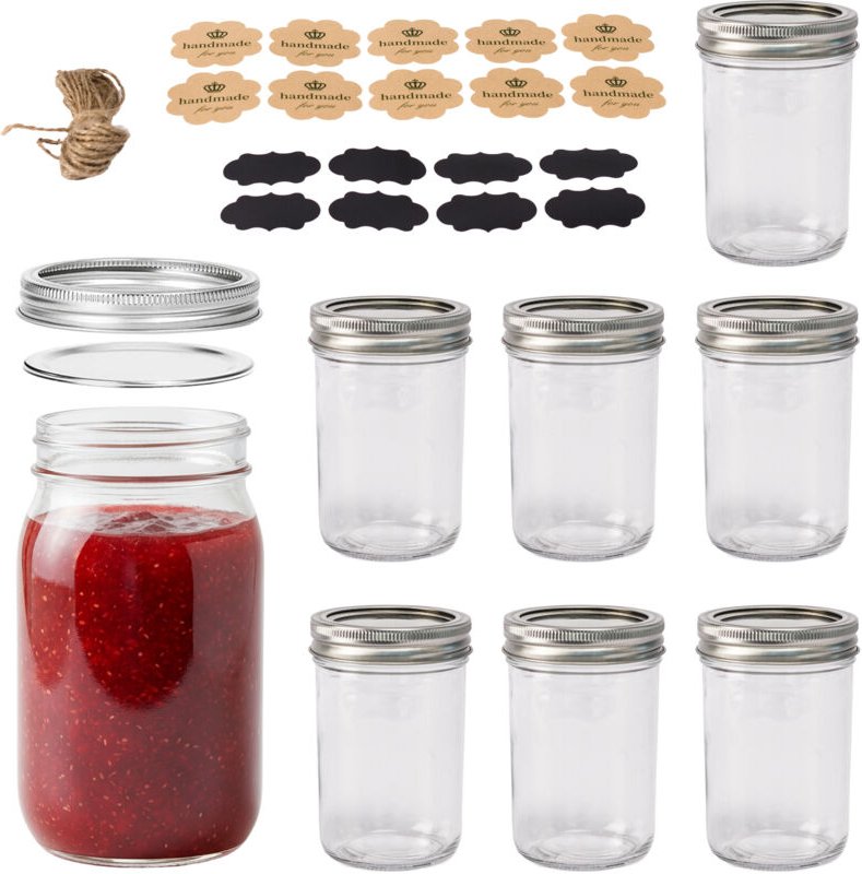 Relaxdays Einmachgläser, 8er Set, 500 ml, Deckel, Etiketten & Schnur, luftdicht, Marmeladengläser, transparent/silber