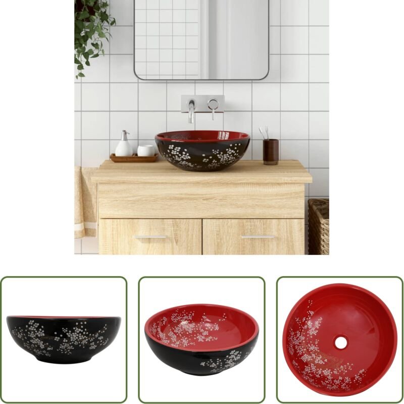 vidaXL Waschbecken Schwarz Rot - Aufsatzwaschbecken Schwarz und Rot Rund Ø41x14 cm Keramik