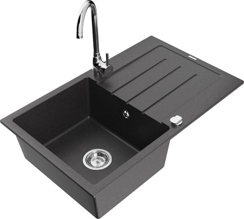 Bruno 1 Becken-Granitspüle mit Abtropffläche und Mischbatterie Telma, Schwarz gesprenkelt - 65 - Mexen