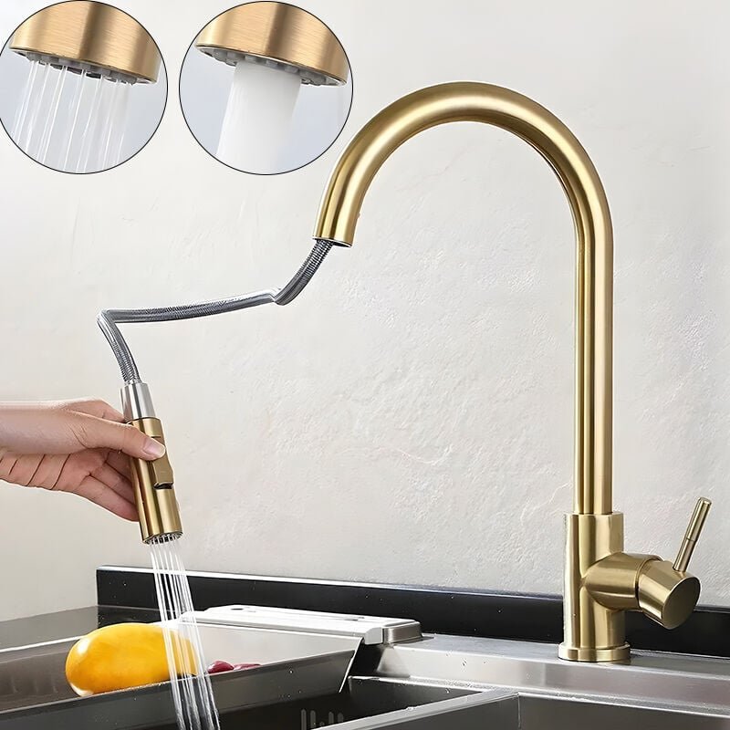 Küchenarmatur in Gold mit ausziehbarer Brause, moderne Einhebel-Küchenarmatur aus Edelstahl, gebürstete Goldoberfläche