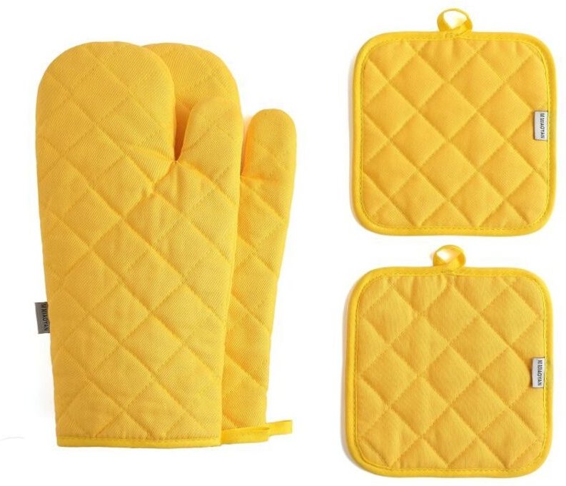 Set mit 4 dicken Baumwoll-Ofenhandschuhen, hitzebeständig bis 500 °C, 30 cm lang, gelb, mit Topflappen, Hitzeschutz, Unt...