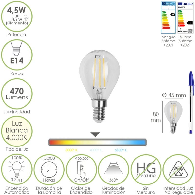 Bombilla Led Filamento Globo Rosca E14. 4,5 Watt. Equivale A 35 Watt. 470 Lumenes. Luz Neutra 4000º K.