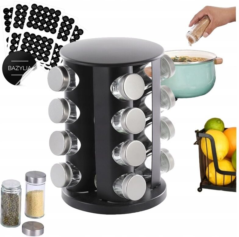 Drehbares Gewürzregal aus Metall, 16x Gläser-Organizer + Etiketten