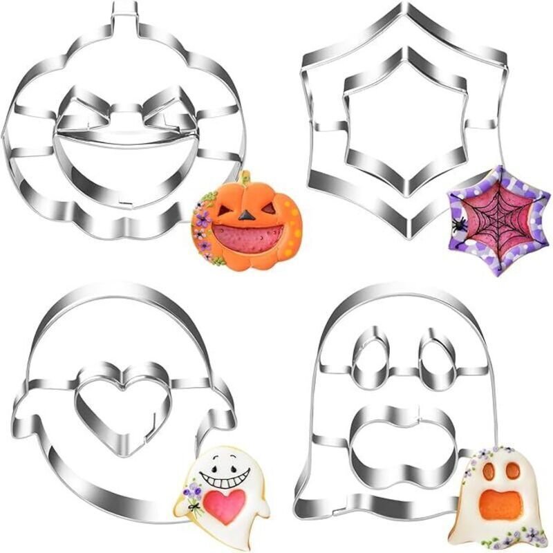 4-teiliges Ausstechformen-Set in Form von Spinnennetzen, Geistern, Kürbissen und Früchtebrot, Linzer Ausstechformen, Ede...