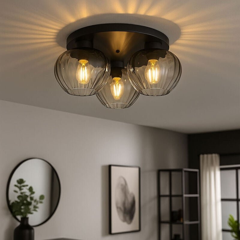 Thumbnail - Nowa - Deckenlampe 3 flammig Retro Rauchglas Deckenleuchte Wohnzimmerlampe Flurleuchte, Metall schwarz, 3x E27, DxH 45 x...
