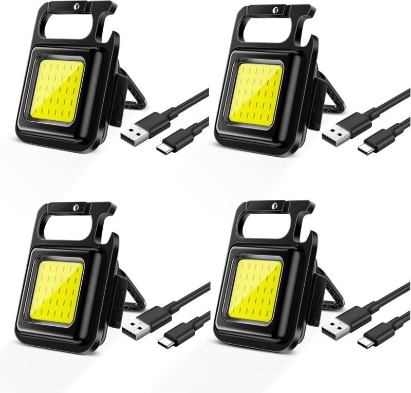 Aougo - 4 Stück Mini-Lampen, tragbare wiederaufladbare LED-Arbeit, magnetische kleine COB-Schlüsselanhänger-Taschenlampe...