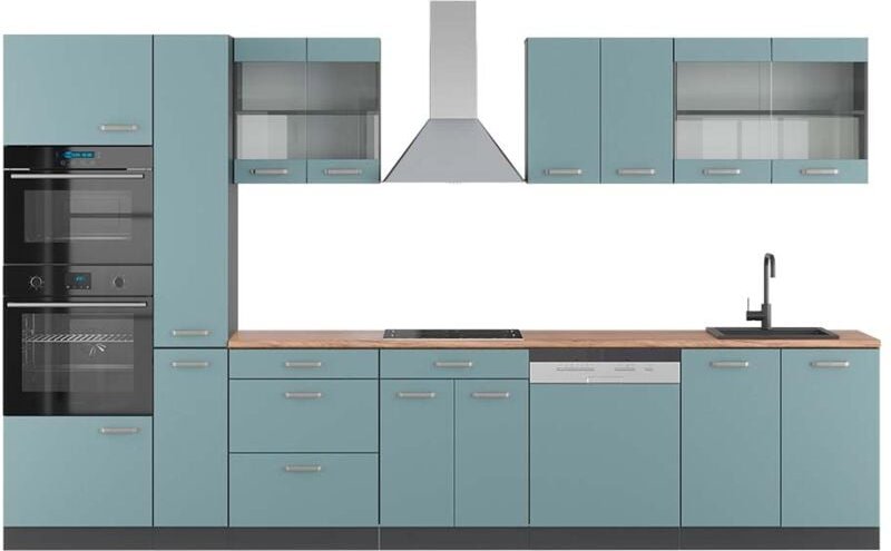 Vicco - Küchenzeile R-Line, Blau-Grau/Anthrazit, 350 cm mit Hochschrank, ap Eiche
