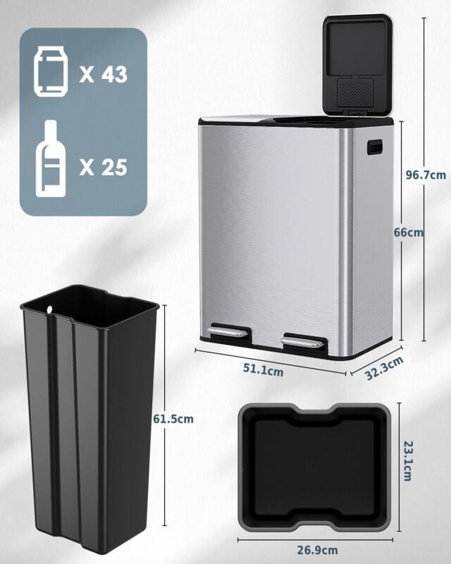 2-Kammer-Mülleimer, 2 x 30 l, Treteimer, mit Geruchsfilter, geräuscharmem Deckel, Kunststoff-Inneneimer, Recycling-Syste...