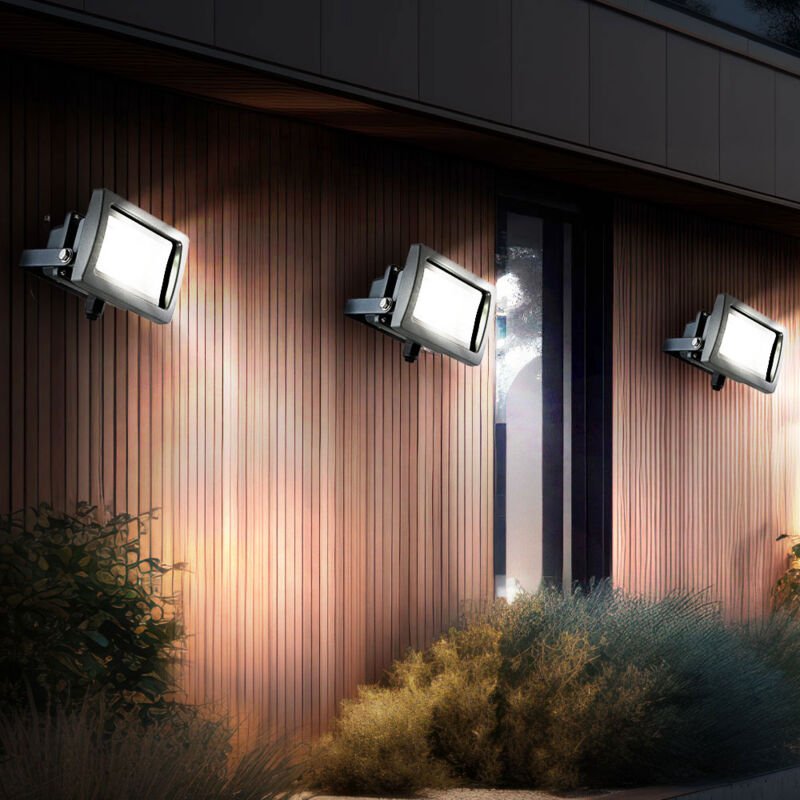 LED Baustrahler Flutlicht Außenleuchte Wandstrahler, Aluminium Glas grau 10W 750lm Tageslichtweiß, 3er Set