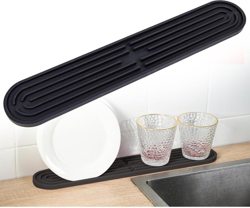 Tapis égouttoir étroit 43×7,5×1 cm noir, silicone, bar/planche/organisateur évier.