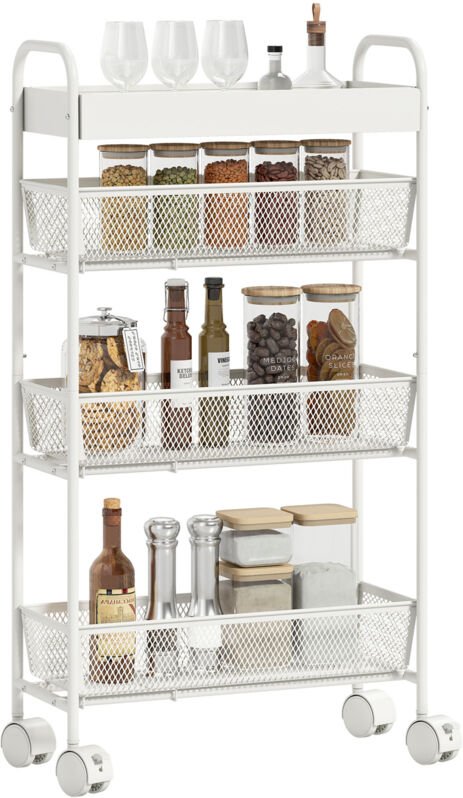 Küchenwagen aus Metall, 3 Körbe, schmales Design, 4 Räder, für Küche, Wohnzimmer, Badezimmer, Weiß