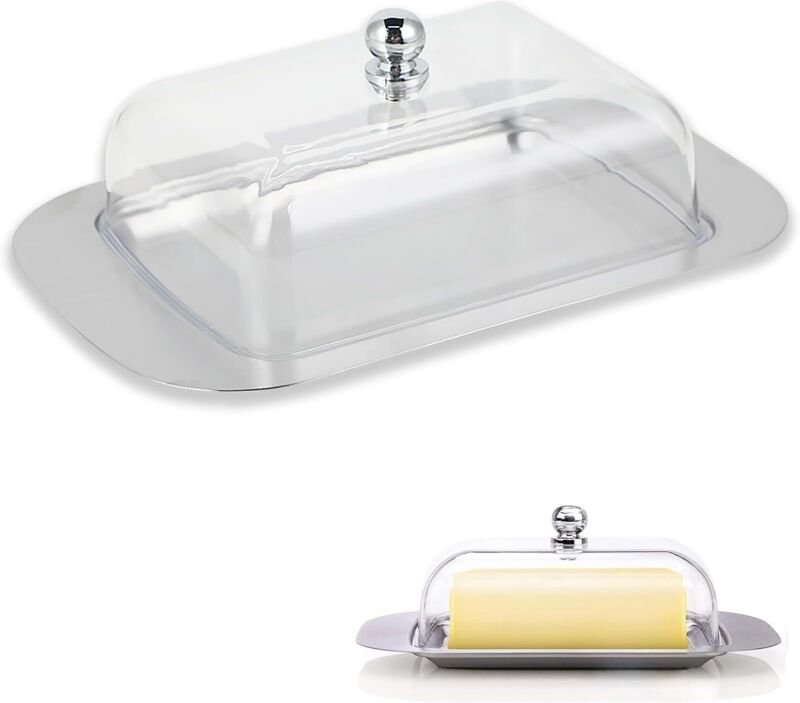 Butterdose aus Edelstahl mit Deckel – Große Butterdose aus poliertem Edelstahl und Polycarbonat, spülmaschinenfest, idea...