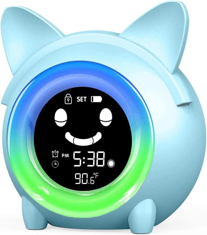Wecker für Kinder – buntes Nachtlicht – Innenthermometer – Schlaftrainer – Nickerchen-Timer (Katze)