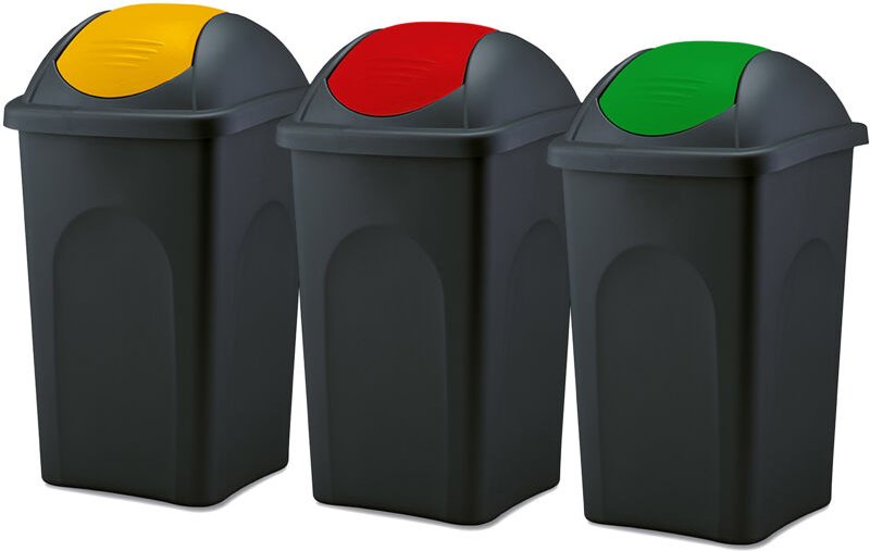 BigDean 3x Mülleimer groß 60L - schwarz - mit Schwingdeckel gelb, rot & grün - aus Kunststoff - Müllsammler Abfalleimer ...