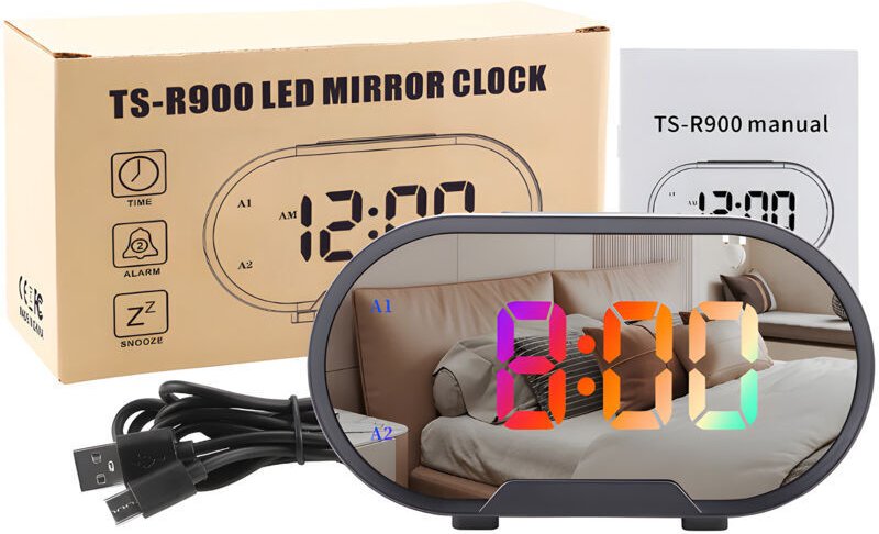 Vtizikl Réveil RVB avec projecteur 11 Couleurs Affichage de l'heure Niveaux de Luminosité Volume Snooze Mode 12/24 h