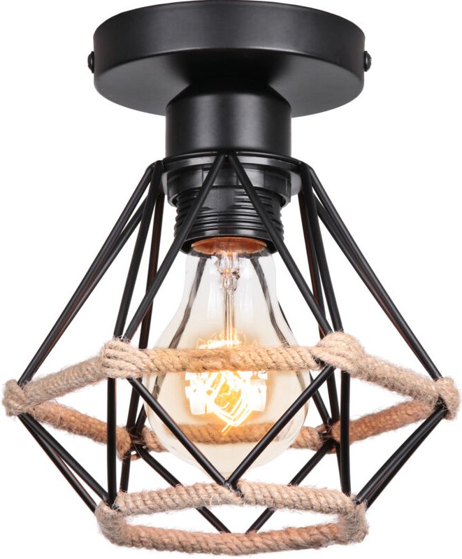 Vintage Industrial Deckenleuchte Innen Metall Diamantkäfig mit Hanfseil Eisen Kronleuchter Pendelleuchte für Wohnzimmer ...