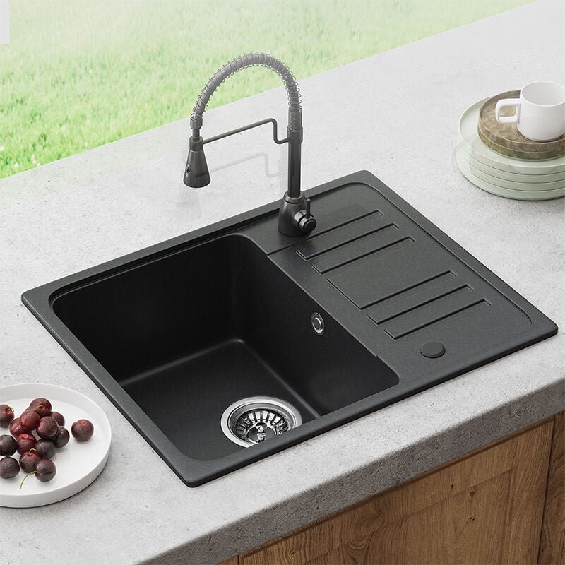 Thumbnail - 57x45 cm Granit Küche Spüle Schwarz - 1 Becken Einbauspüle mit Reversible Installation, Spülbecken mit Siphon Ab- und Üb...