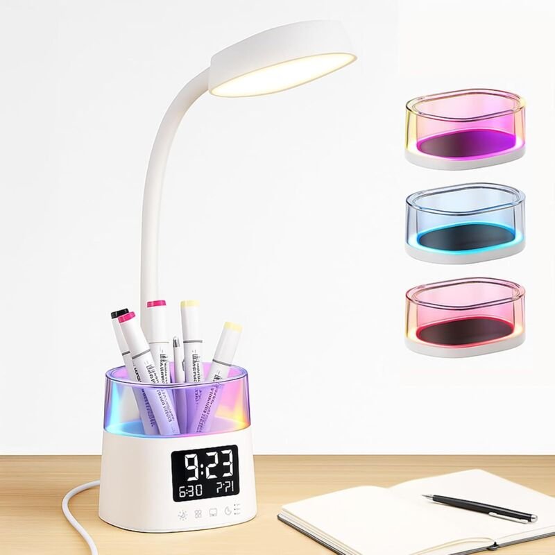 LED-Schreibtischlampe mit Stifthalter, berührungsempfindliche Nachttischlampe mit 3 Farbmodi, Leselampe mit Uhr, stufenl...