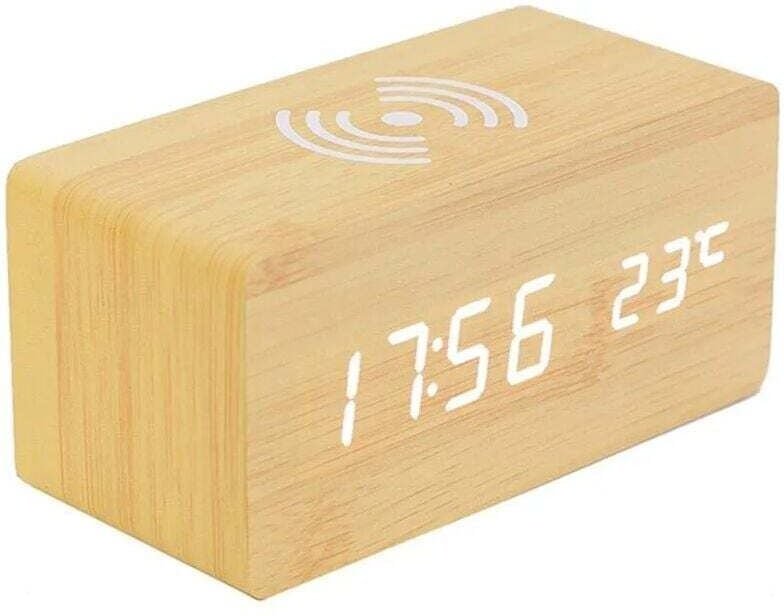 SNQ - Digitaler Thermometer-Wecker, digitaler Wecker aus Holz, LED-Digital-Holzwecker mit kabellosem Ladegerät, Holzweck...
