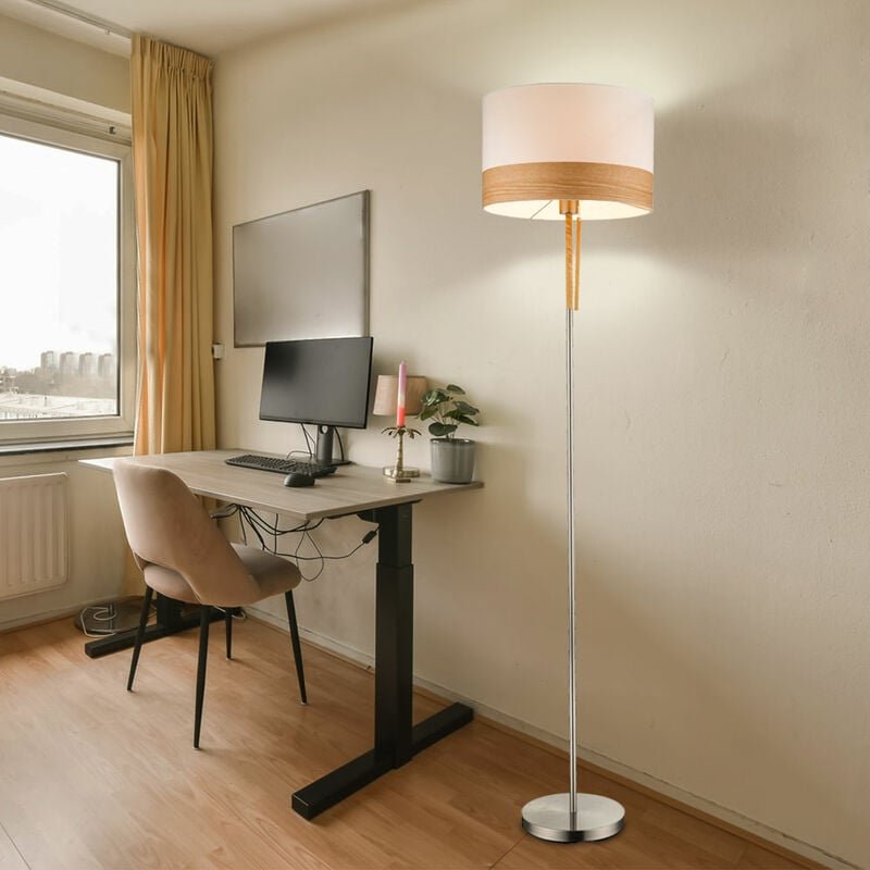 Stehlampe Stehleuchte Wohnzimmerlampe Standlampe Schlafzimmerleuchte Holzlampe, Textilschirm beige Nickel matt, Zugschal...