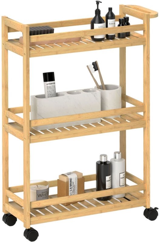 Servierwagen mit 3 Ebenen Küchenwagen mit Rollen, Griff Rollwagen aus Bambus Küchenregal Küchenrollwagen für Küche, Büro...