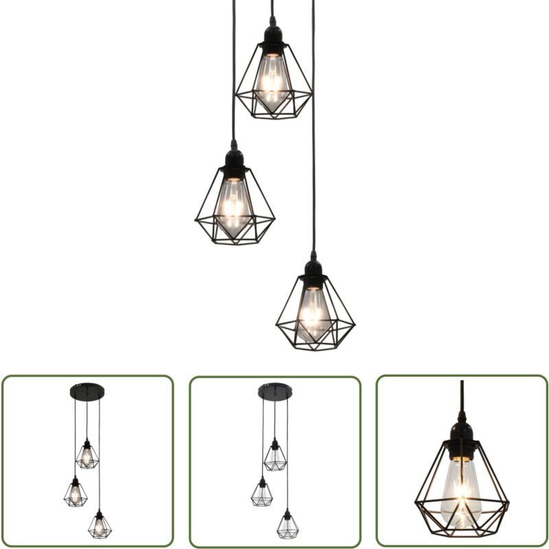 The Living Store - Deckenleuchte mit Diamant-Design Schwarz 3 x E27 Glühbirnen - Metalldeckeleuchte - Schwarze Deckenleu...