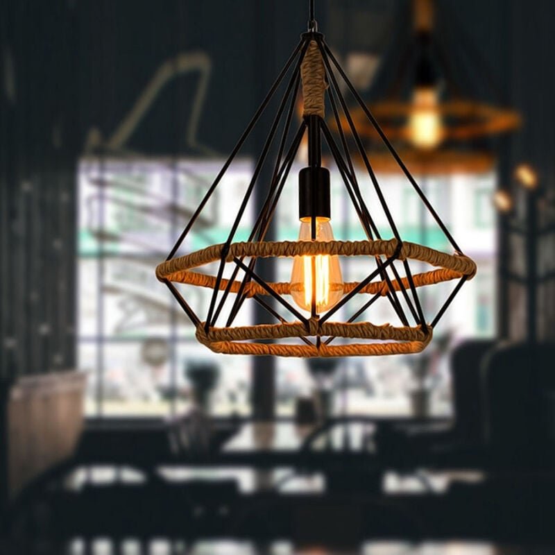 Pendelleuchte Vintage, Ø25cm Diamant-form Kronleuchter, Retro Industrielle Hanf Seil Hängelampe mit Käfig 27 Fassung (Sc...