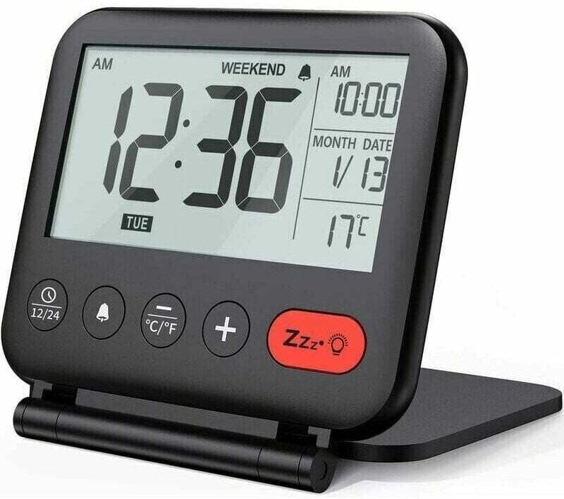 Reisewecker, Mini-tragbare LCD-Digitaluhr mit hintergrundbeleuchtetem Kalender, 12/24-Stunden-Temperatur, Schminkspiegel...