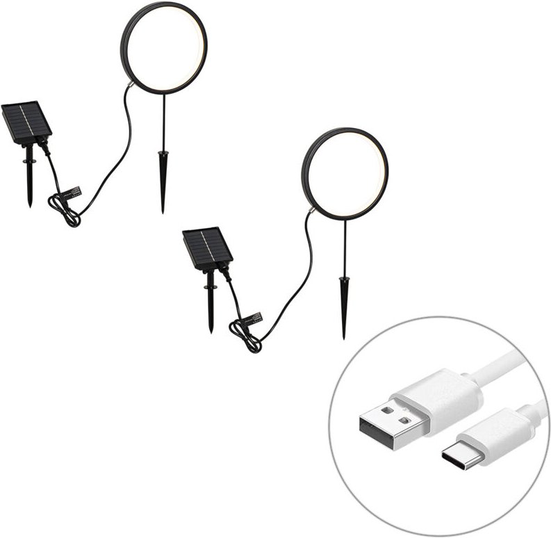 Set mit 2 schwarzen Wegeleuchten 50cm inkl. wiederaufladbare led und Solar IP65 - Adalind