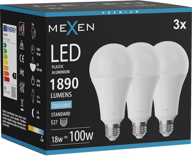 Mexen Nova 3x LED-Glühbirne E27, A70, 18W, Kalt - 6500K, 1890 lm - L100-E27-1865-01x03