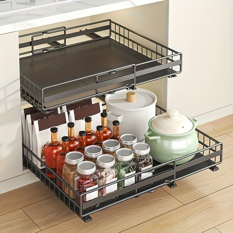 Set mit 2 ausziehbaren Regalböden/Schubladen mit Nano-Klebestreifen, Aufbewahrungslösung für Küchenschränke, schwarz