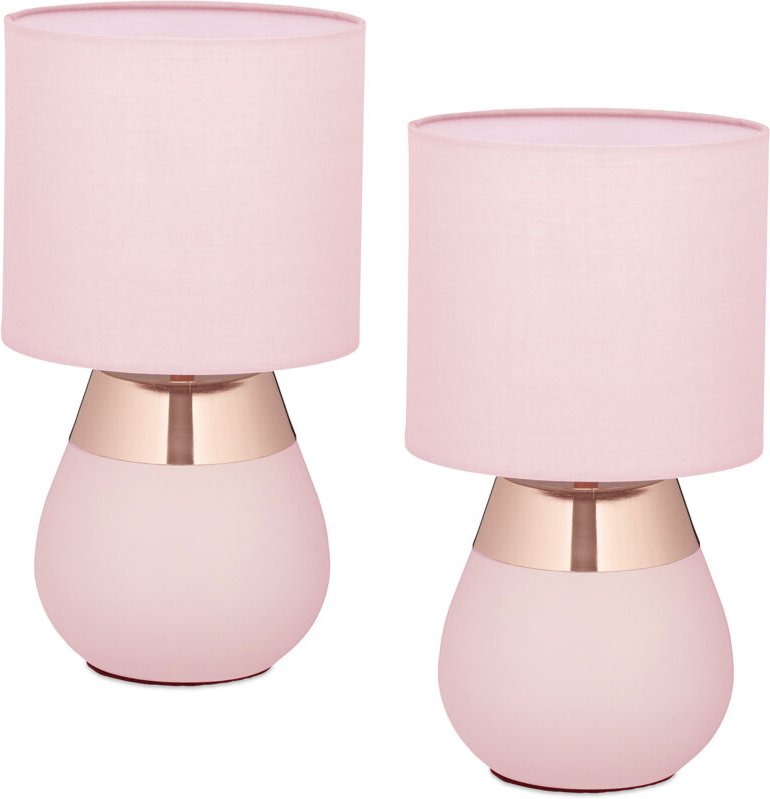Tischlampe, 2er Set, Metallfuß, Stoffschirm, E14, h x d: 32 x 18 cm, Nachttischlampe mit Kabel, rosa/kupfer - Relaxdays