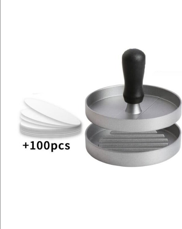 Burgerpresse (1 Stück), Hackfleischform aus Aluminium mit Antihaftbeschichtung + 100 Backpapier-Backbleche, Küchenutensi...