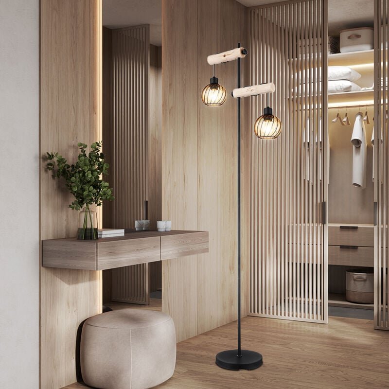 Stehleuchte Holz 2 Flammig Wohnzimmerleuchte stehend Höhenverstellbar Stehlampe Glas amber, schwarz Metall, led 7W 806Lm...