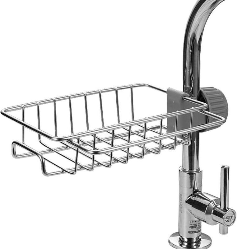 Abtropfkorb mit Schwammhalter für Wasserhahn, abnehmbare Hängeablage aus Edelstahl für Küche und Bad